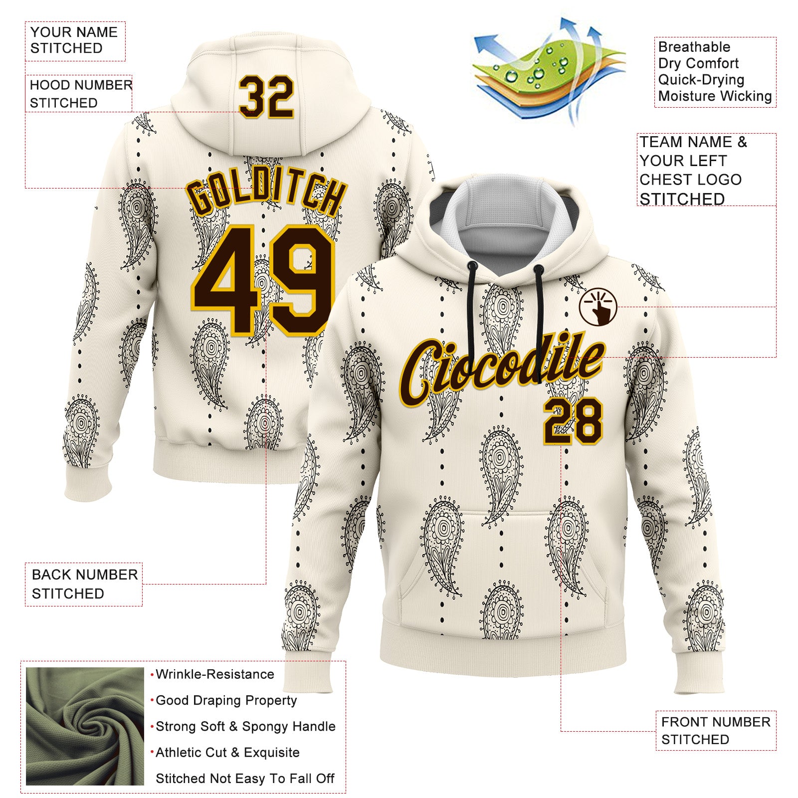 Custom Stitched Cream Brown-Yellow 3D Pattern Design Ethnic Paisley Floral Bandana Sports Pullover Sweatshirt Hoodie