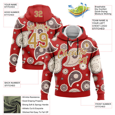 Custom Stitched Red Old Gold-White 3D Pattern Design Ethnic Paisley Floral Bandana Sports Pullover Sweatshirt Hoodie