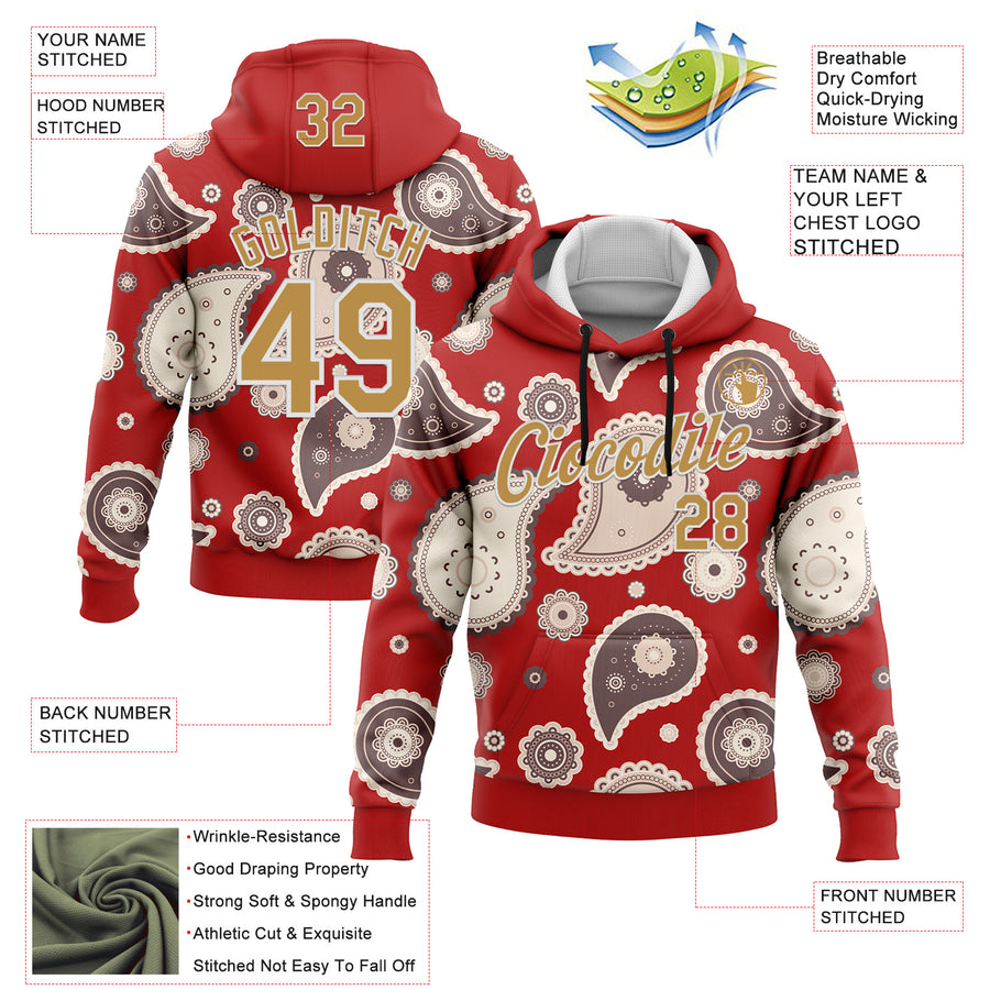 Custom Stitched Red Old Gold-White 3D Pattern Design Ethnic Paisley Floral Bandana Sports Pullover Sweatshirt Hoodie
