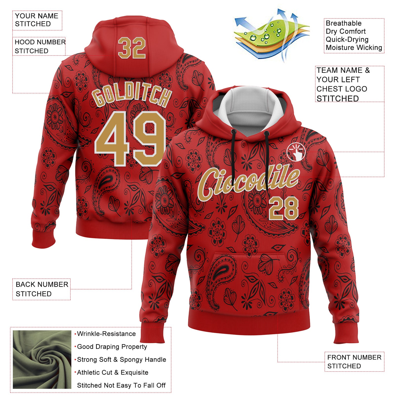 Custom Stitched Red Old Gold-White 3D Pattern Design Ethnic Paisley Floral Bandana Sports Pullover Sweatshirt Hoodie