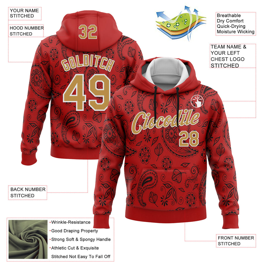 Custom Stitched Red Old Gold-White 3D Pattern Design Ethnic Paisley Floral Bandana Sports Pullover Sweatshirt Hoodie