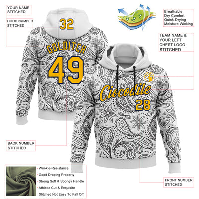Custom Stitched White Gold-Navy 3D Pattern Design Ethnic Paisley Floral Bandana Sports Pullover Sweatshirt Hoodie