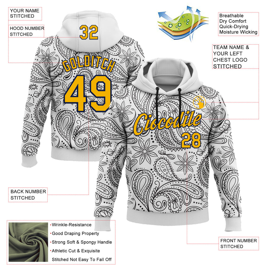 Custom Stitched White Gold-Navy 3D Pattern Design Ethnic Paisley Floral Bandana Sports Pullover Sweatshirt Hoodie