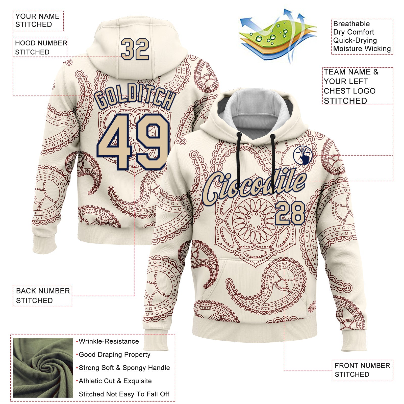 Custom Stitched Cream City Cream-Navy 3D Pattern Design Ethnic Paisley Floral Bandana Sports Pullover Sweatshirt Hoodie