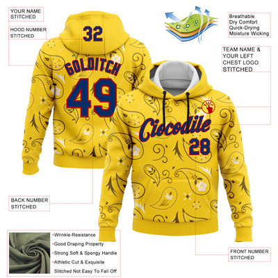 Custom Stitched Yellow US Navy Blue-Red 3D Pattern Design Ethnic Paisley Floral Bandana Sports Pullover Sweatshirt Hoodie