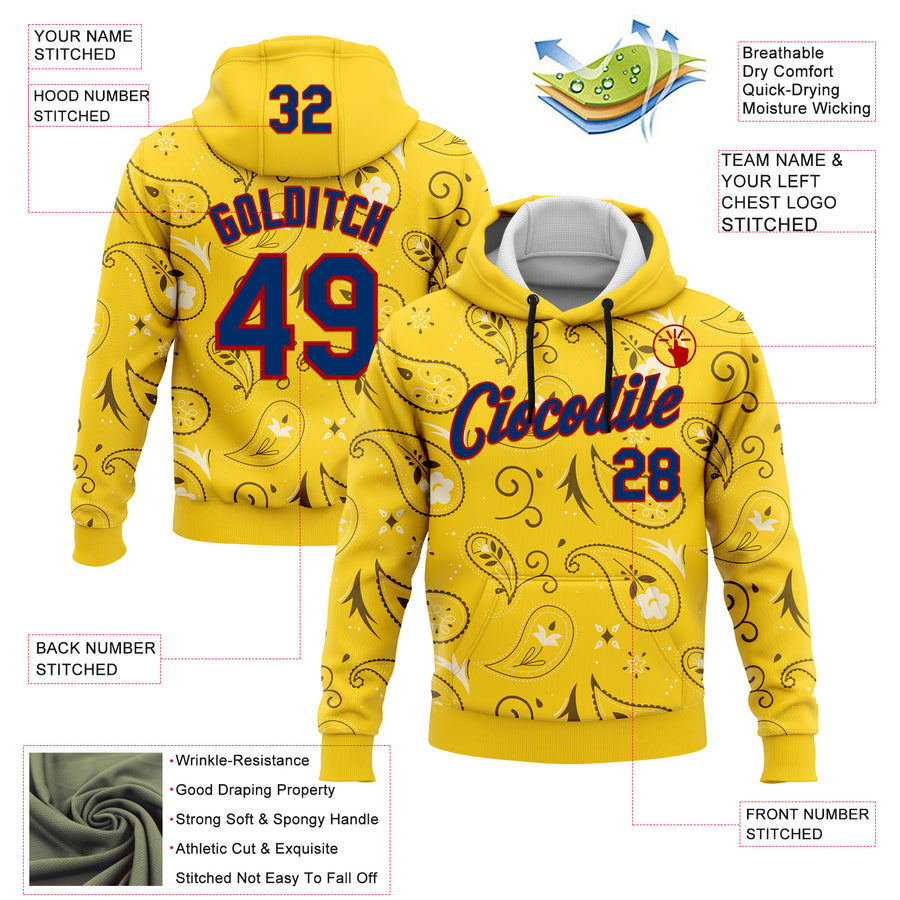 Custom Stitched Yellow US Navy Blue-Red 3D Pattern Design Ethnic Paisley Floral Bandana Sports Pullover Sweatshirt Hoodie