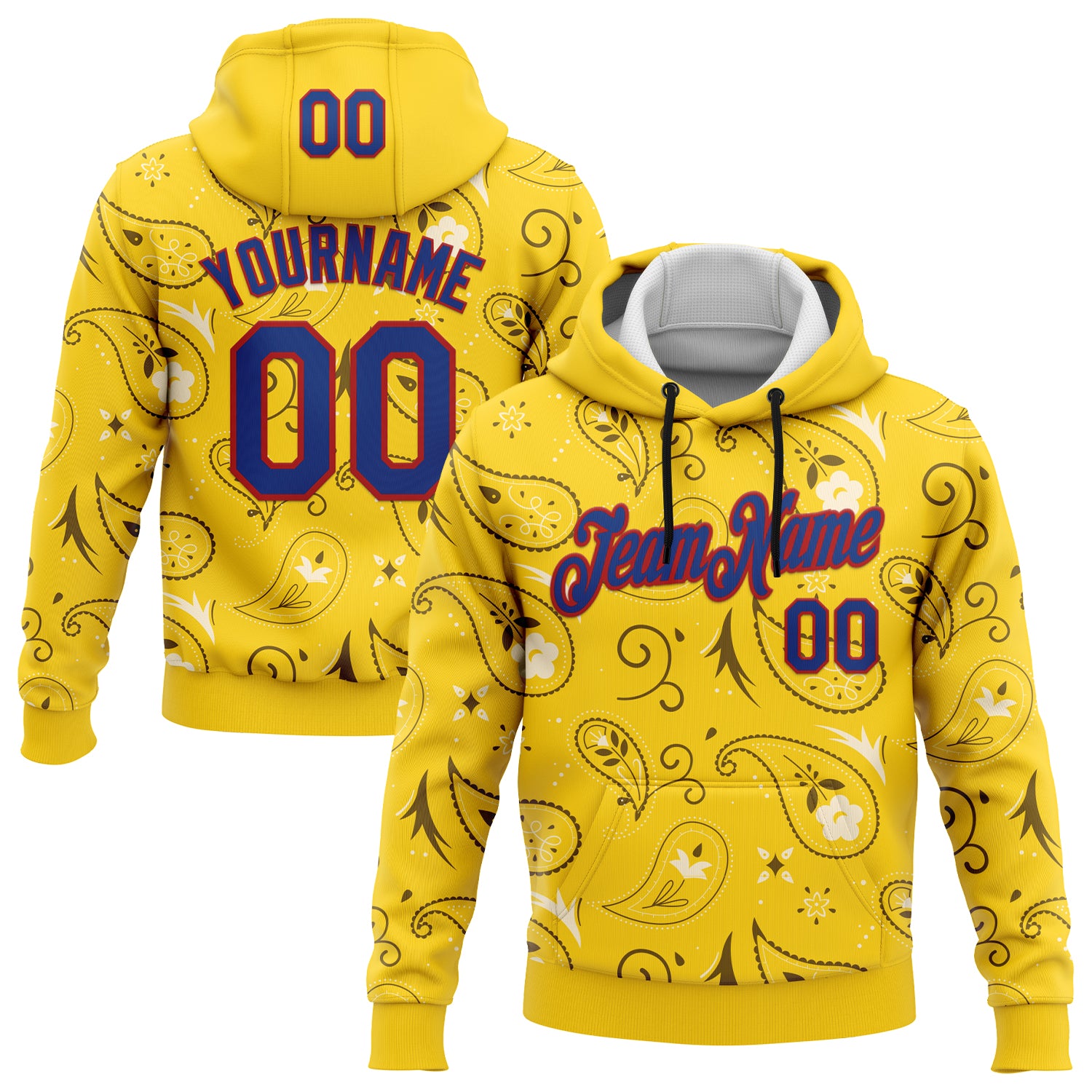 Custom Stitched Yellow US Navy Blue-Red 3D Pattern Design Ethnic Paisley Floral Bandana Sports Pullover Sweatshirt Hoodie