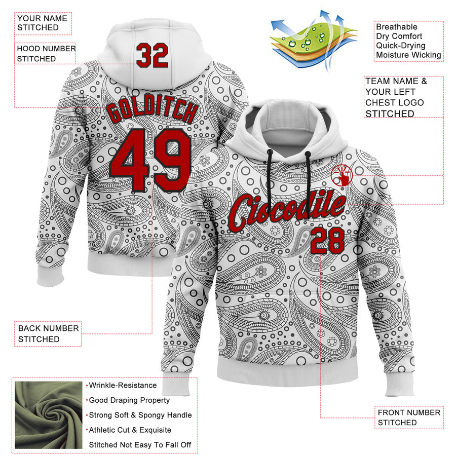 Custom Stitched White Red-Black 3D Pattern Design Ethnic Paisley Floral Bandana Sports Pullover Sweatshirt Hoodie
