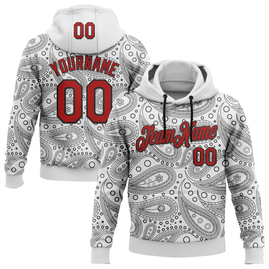 Custom Stitched White Red-Black 3D Pattern Design Ethnic Paisley Floral Bandana Sports Pullover Sweatshirt Hoodie