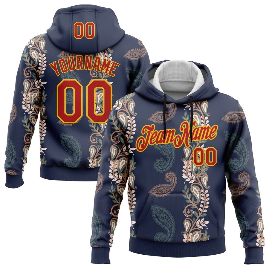 Custom Stitched Navy Red-Yellow 3D Pattern Design Ethnic Paisley Floral Bandana Sports Pullover Sweatshirt Hoodie