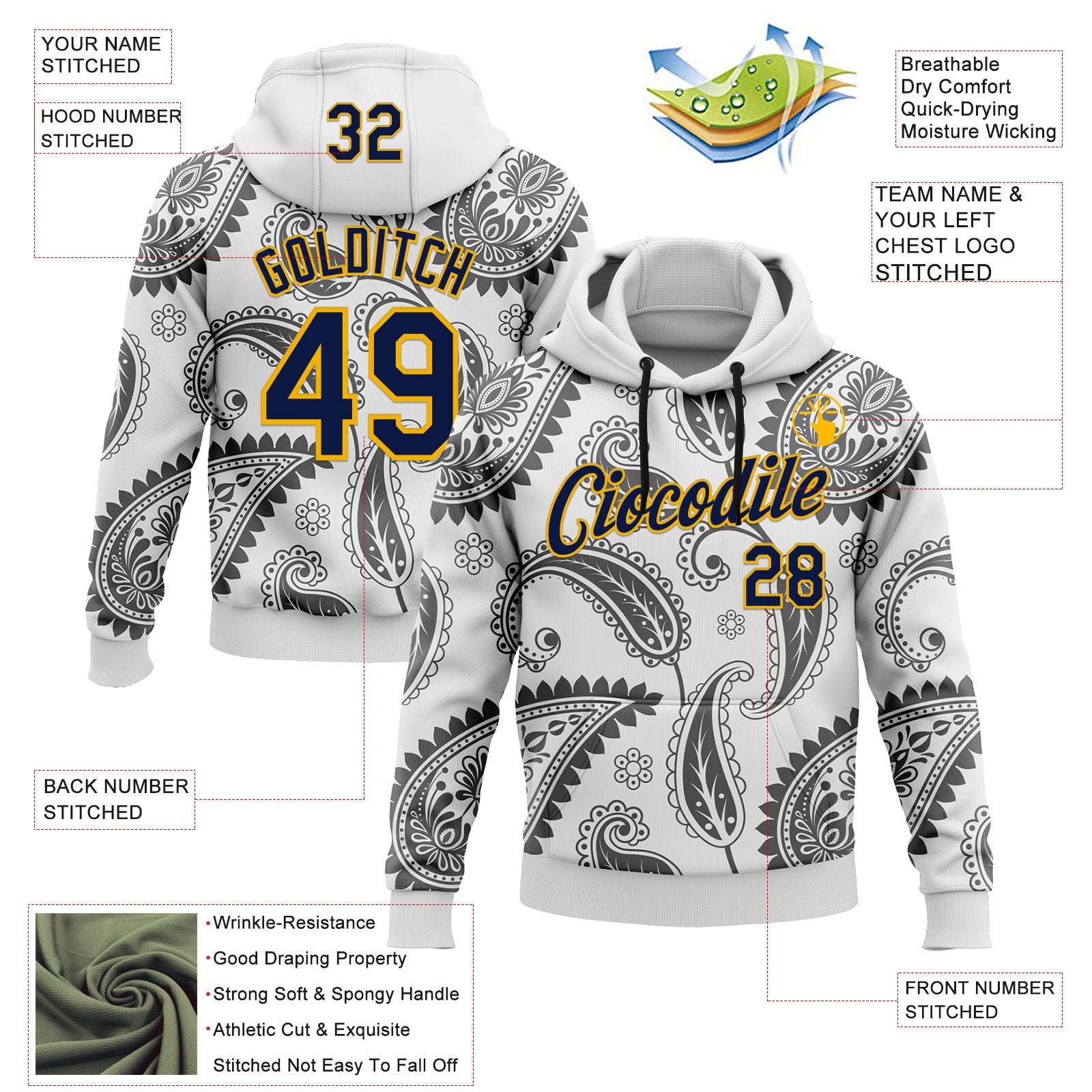 Custom Stitched White Navy-Gold 3D Pattern Design Ethnic Paisley Floral Bandana Sports Pullover Sweatshirt Hoodie