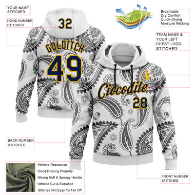 Custom Stitched White Navy-Gold 3D Pattern Design Ethnic Paisley Floral Bandana Sports Pullover Sweatshirt Hoodie