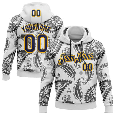Custom Stitched White Navy-Gold 3D Pattern Design Ethnic Paisley Floral Bandana Sports Pullover Sweatshirt Hoodie