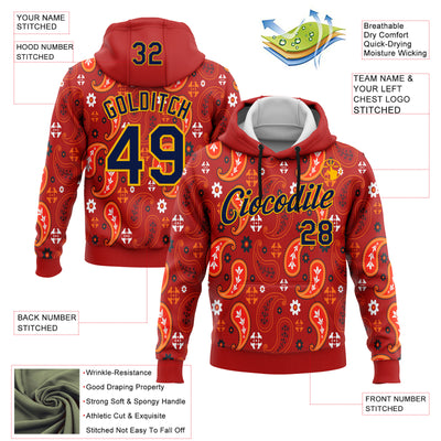 Custom Stitched Red Navy-Gold 3D Pattern Design Ethnic Paisley Floral Bandana Sports Pullover Sweatshirt Hoodie