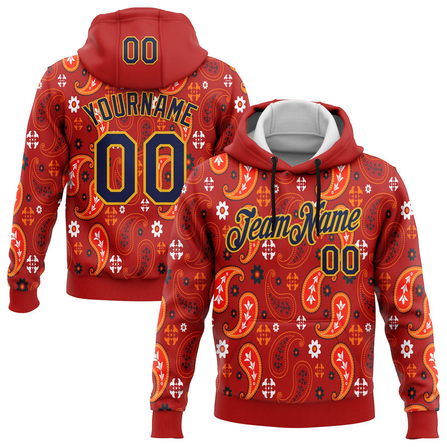 Custom Stitched Red Navy-Gold 3D Pattern Design Ethnic Paisley Floral Bandana Sports Pullover Sweatshirt Hoodie
