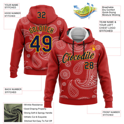 Custom Stitched Red Navy-Gold 3D Pattern Design Ethnic Paisley Floral Bandana Sports Pullover Sweatshirt Hoodie