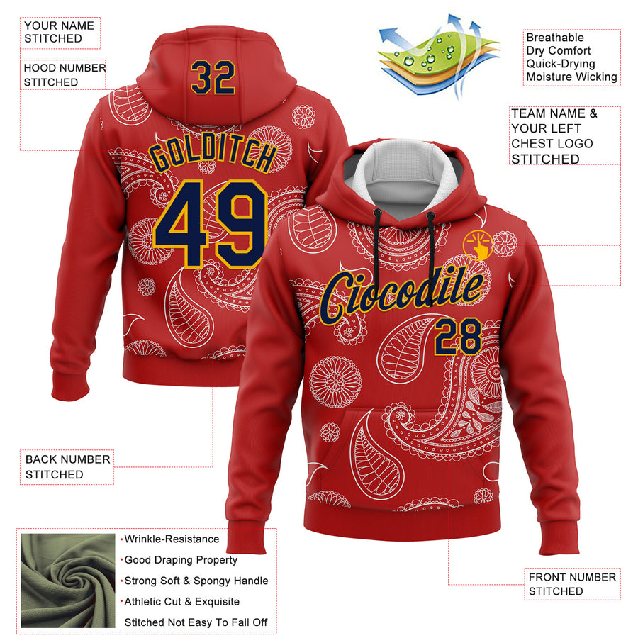 Custom Stitched Red Navy-Gold 3D Pattern Design Ethnic Paisley Floral Bandana Sports Pullover Sweatshirt Hoodie