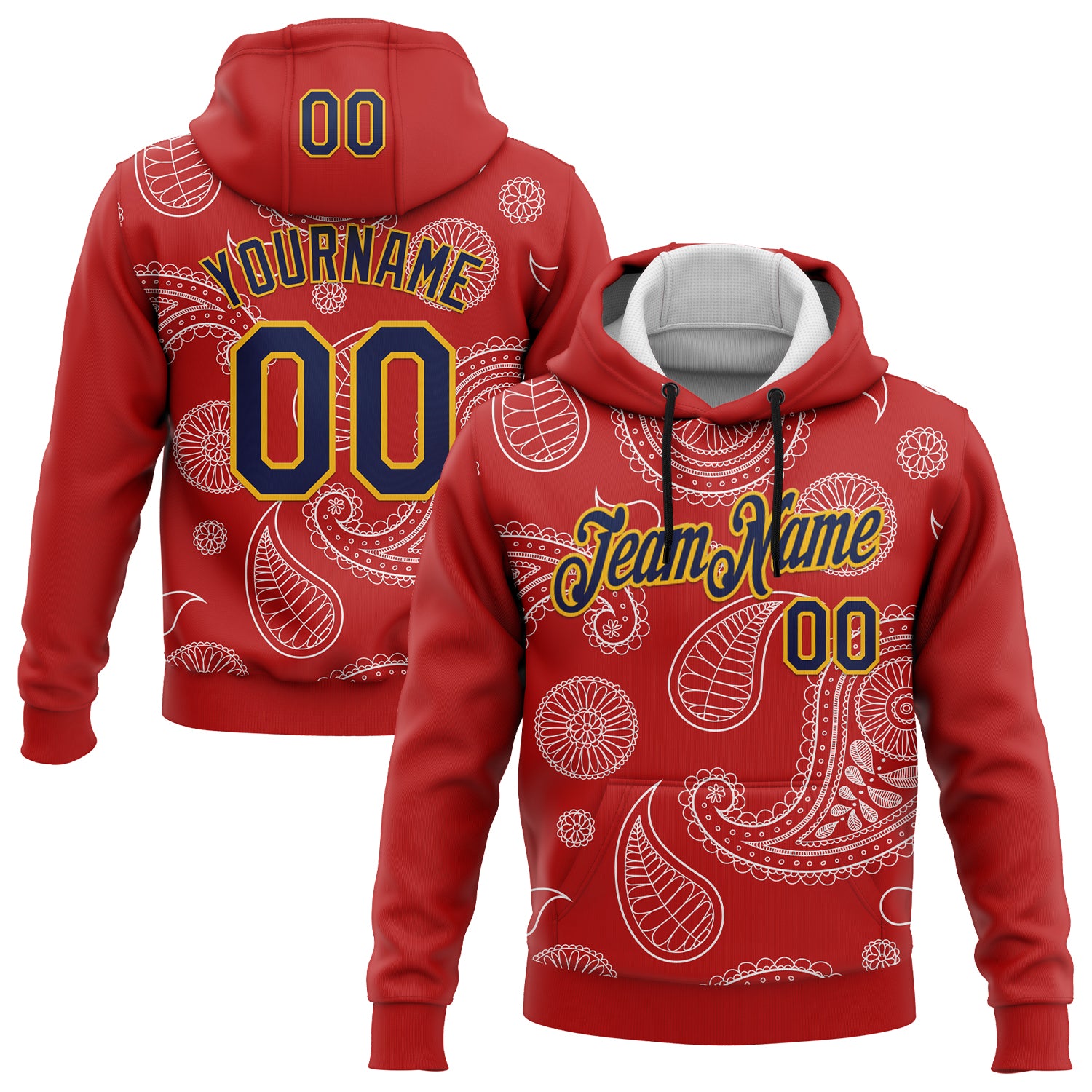 Custom Stitched Red Navy-Gold 3D Pattern Design Ethnic Paisley Floral Bandana Sports Pullover Sweatshirt Hoodie