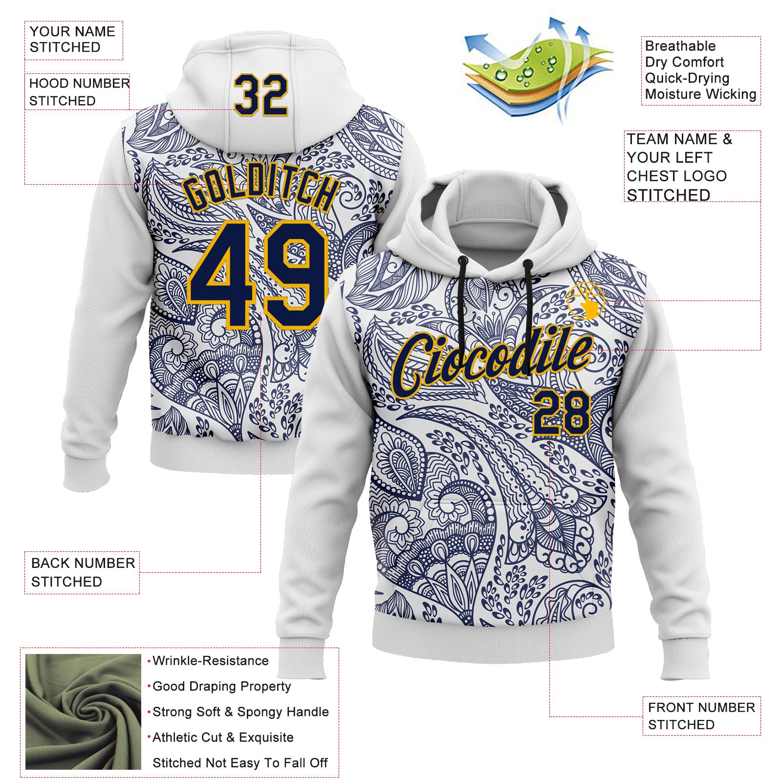 Custom Stitched White Navy-Gold 3D Pattern Design Ethnic Paisley Floral Bandana Sports Pullover Sweatshirt Hoodie