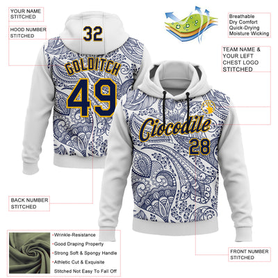 Custom Stitched White Navy-Gold 3D Pattern Design Ethnic Paisley Floral Bandana Sports Pullover Sweatshirt Hoodie