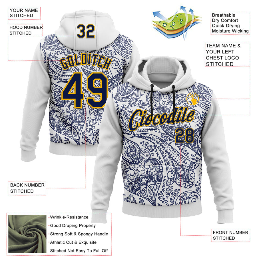 Custom Stitched White Navy-Gold 3D Pattern Design Ethnic Paisley Floral Bandana Sports Pullover Sweatshirt Hoodie