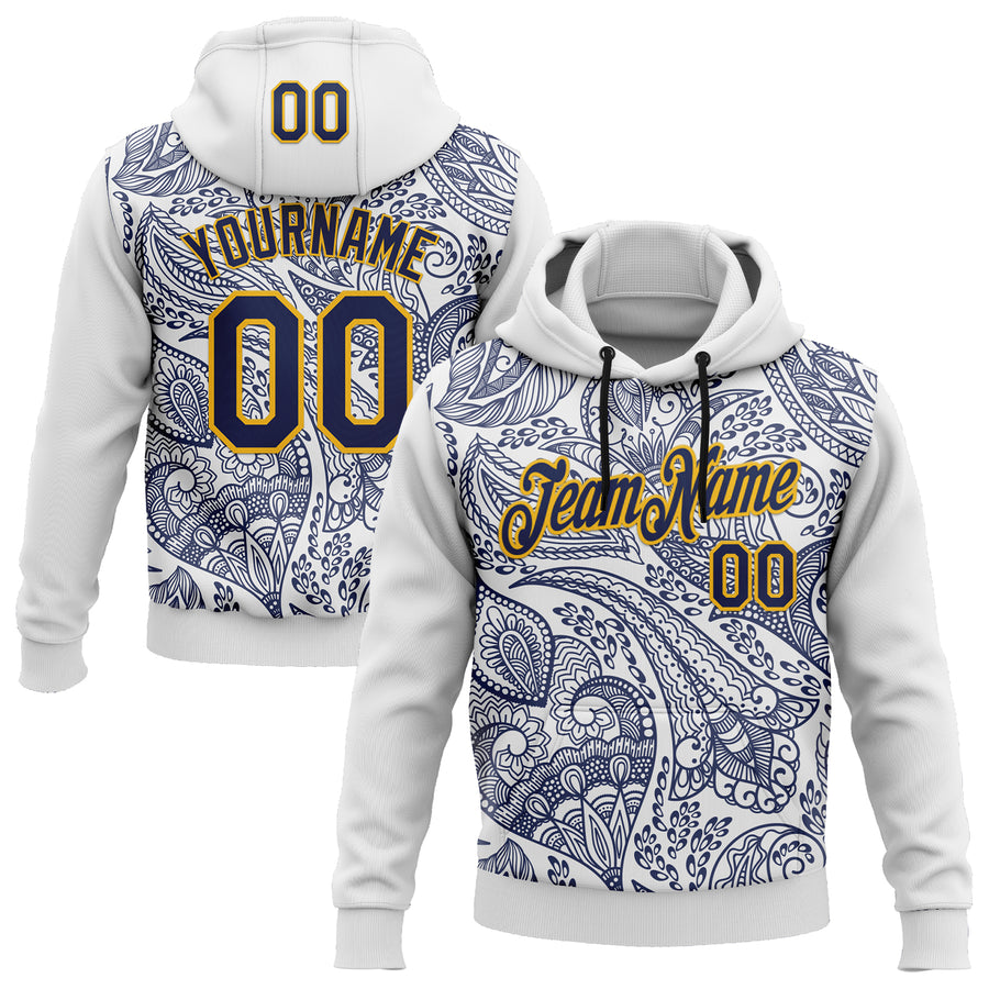 Custom Stitched White Navy-Gold 3D Pattern Design Ethnic Paisley Floral Bandana Sports Pullover Sweatshirt Hoodie