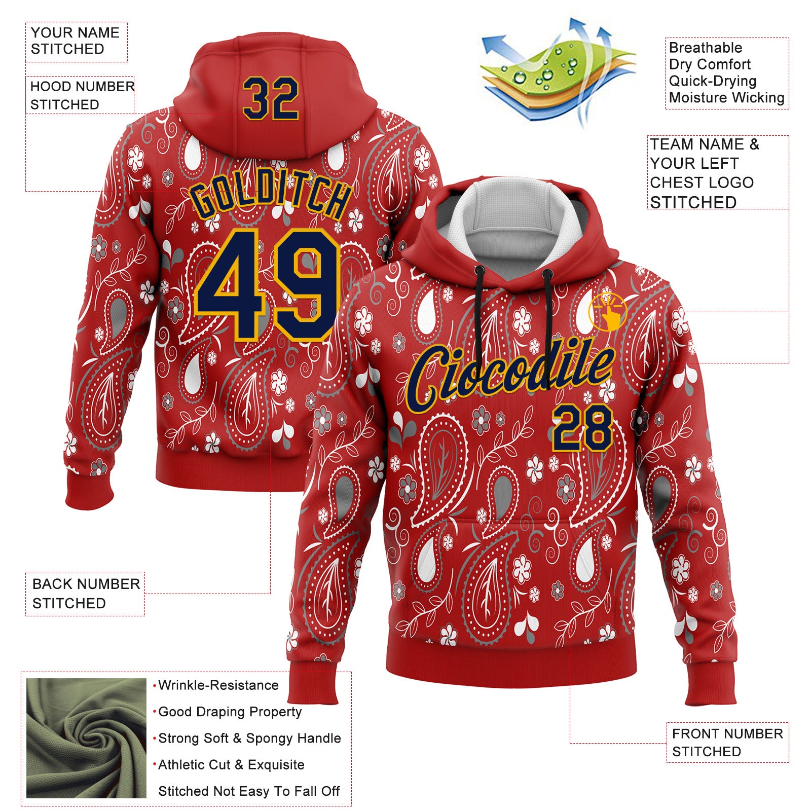 Custom Stitched Red Navy-Gold 3D Pattern Design Ethnic Paisley Floral Bandana Sports Pullover Sweatshirt Hoodie