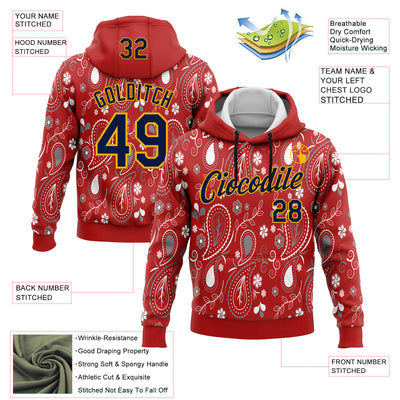 Custom Stitched Red Navy-Gold 3D Pattern Design Ethnic Paisley Floral Bandana Sports Pullover Sweatshirt Hoodie