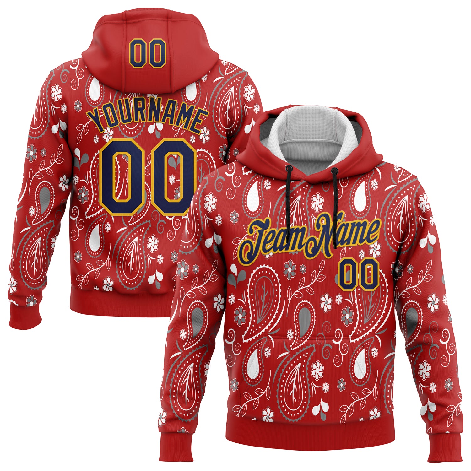 Custom Stitched Red Navy-Gold 3D Pattern Design Ethnic Paisley Floral Bandana Sports Pullover Sweatshirt Hoodie