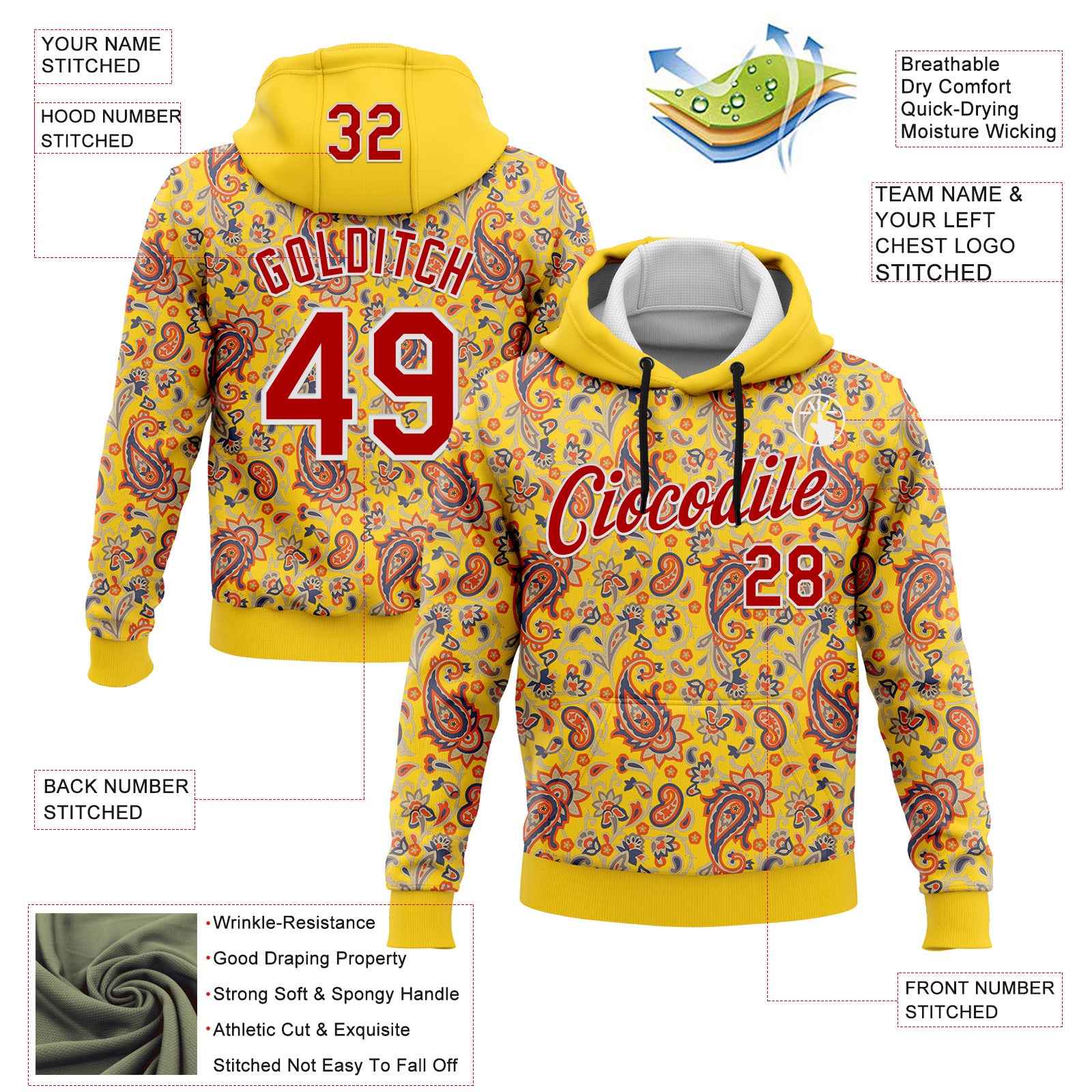 Custom Stitched Yellow Red-White 3D Pattern Design Ethnic Paisley Floral Bandana Sports Pullover Sweatshirt Hoodie