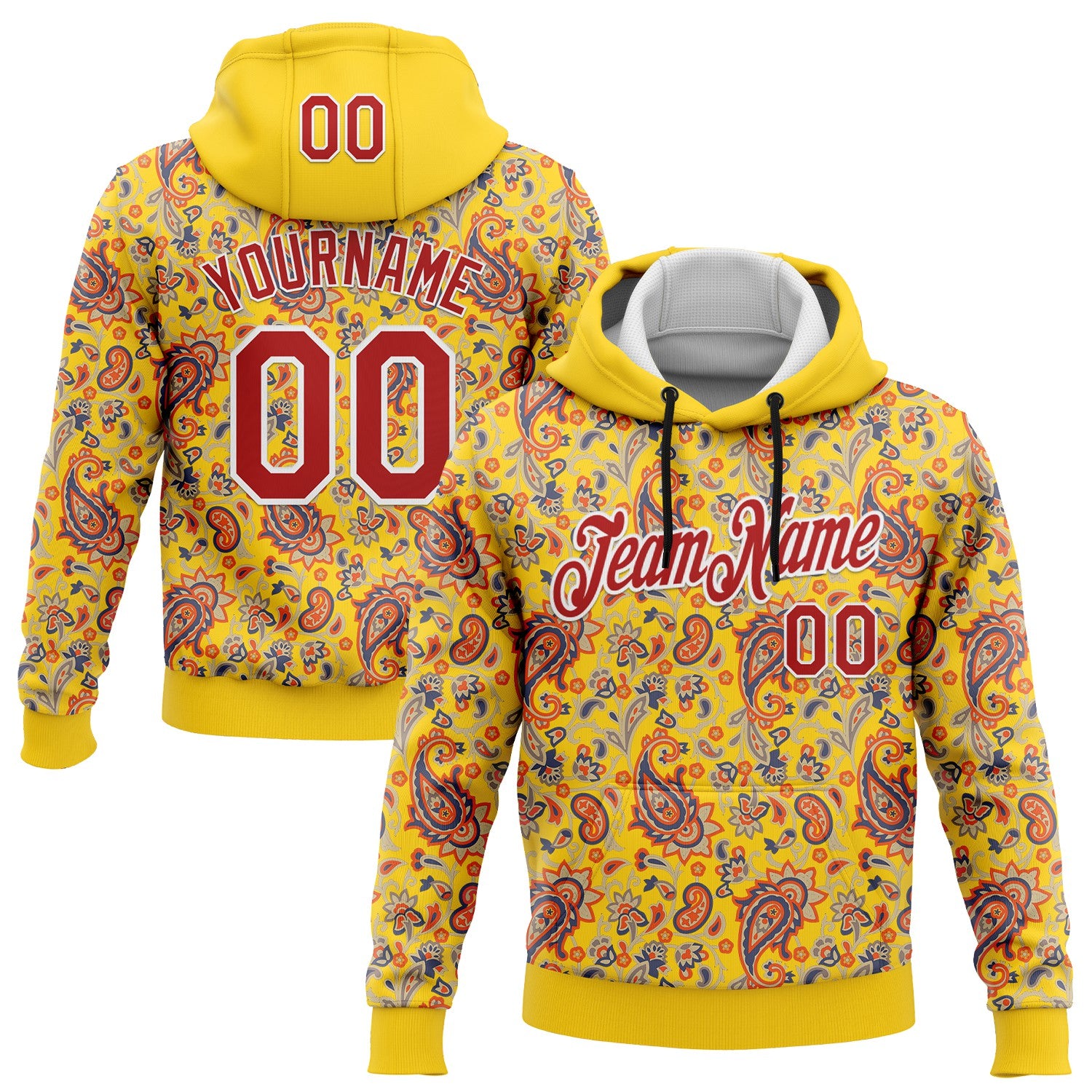 Custom Stitched Yellow Red-White 3D Pattern Design Ethnic Paisley Floral Bandana Sports Pullover Sweatshirt Hoodie