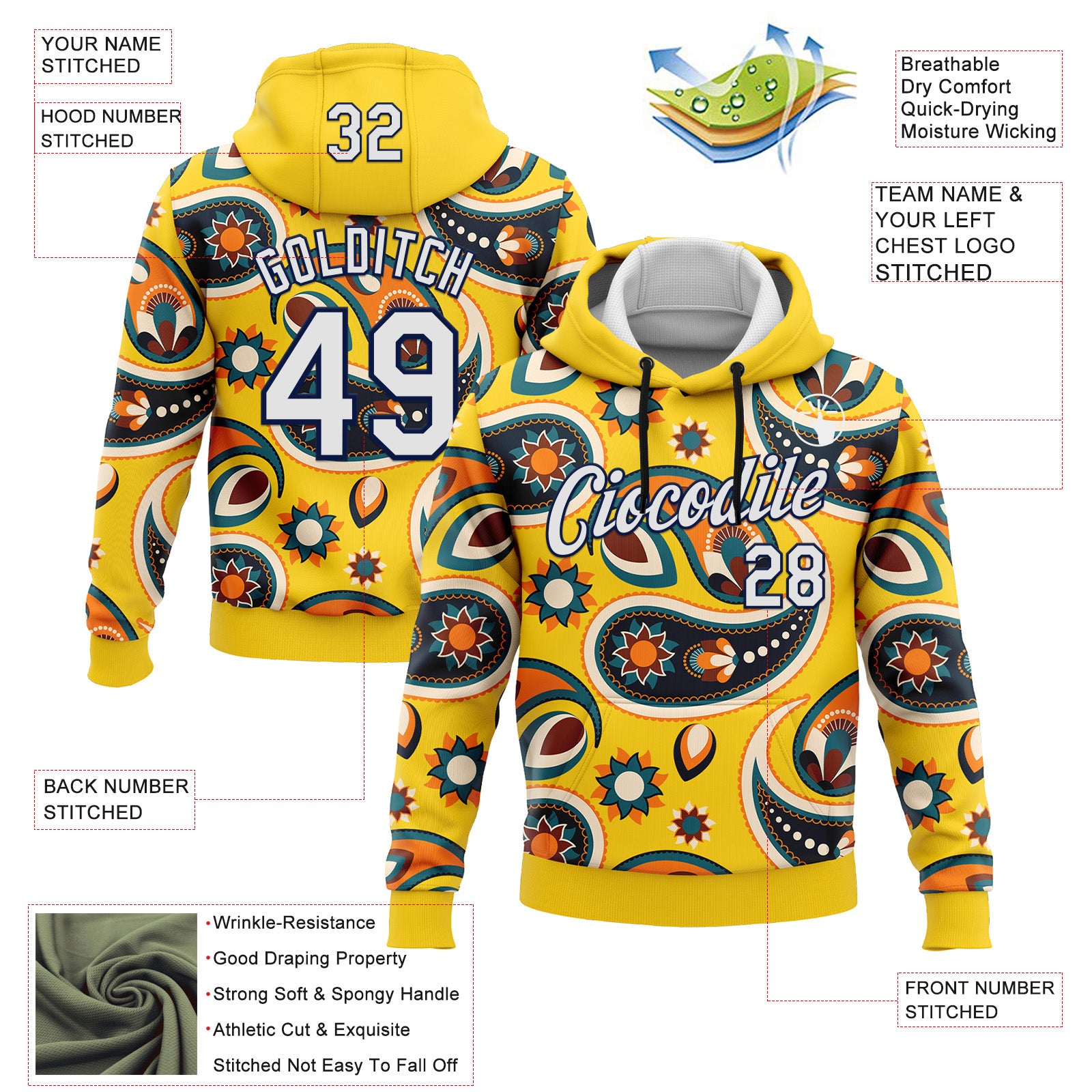 Custom Stitched Yellow White-Navy 3D Pattern Design Ethnic Paisley Floral Bandana Sports Pullover Sweatshirt Hoodie