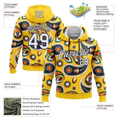 Custom Stitched Yellow White-Navy 3D Pattern Design Ethnic Paisley Floral Bandana Sports Pullover Sweatshirt Hoodie