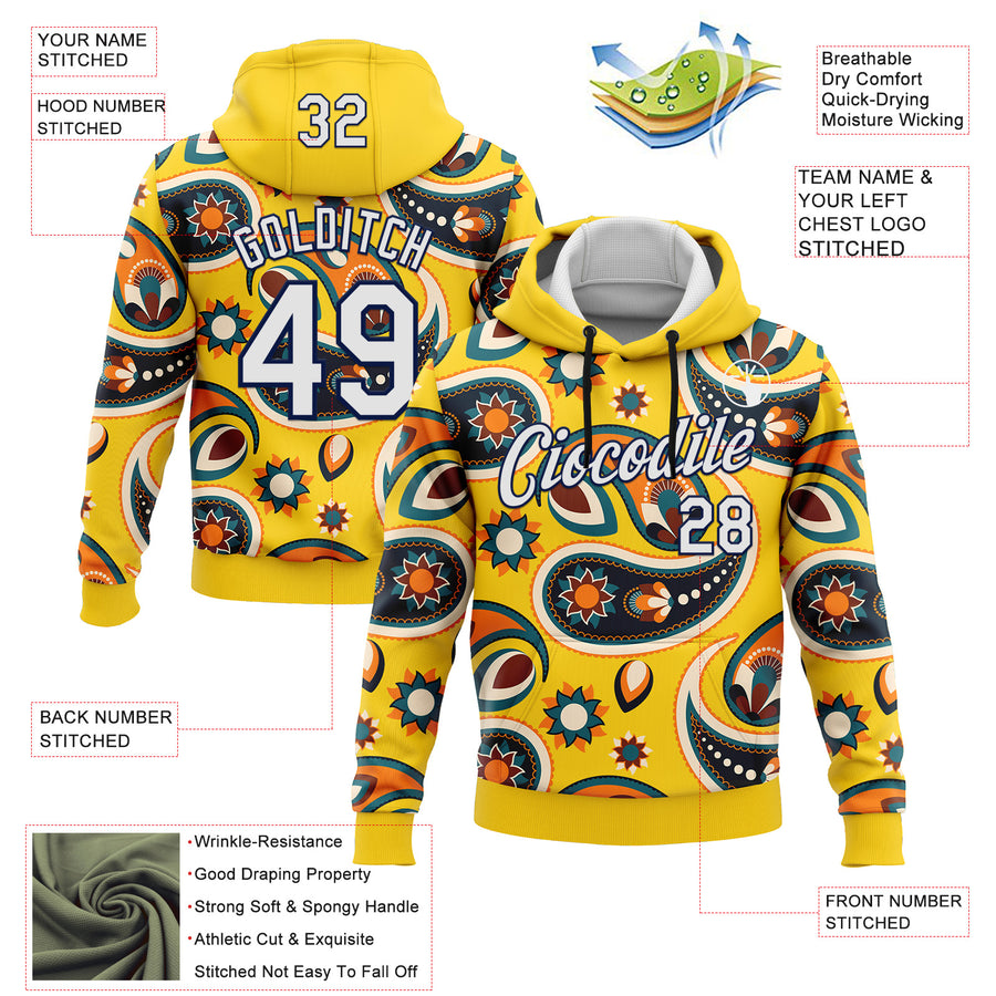 Custom Stitched Yellow White-Navy 3D Pattern Design Ethnic Paisley Floral Bandana Sports Pullover Sweatshirt Hoodie
