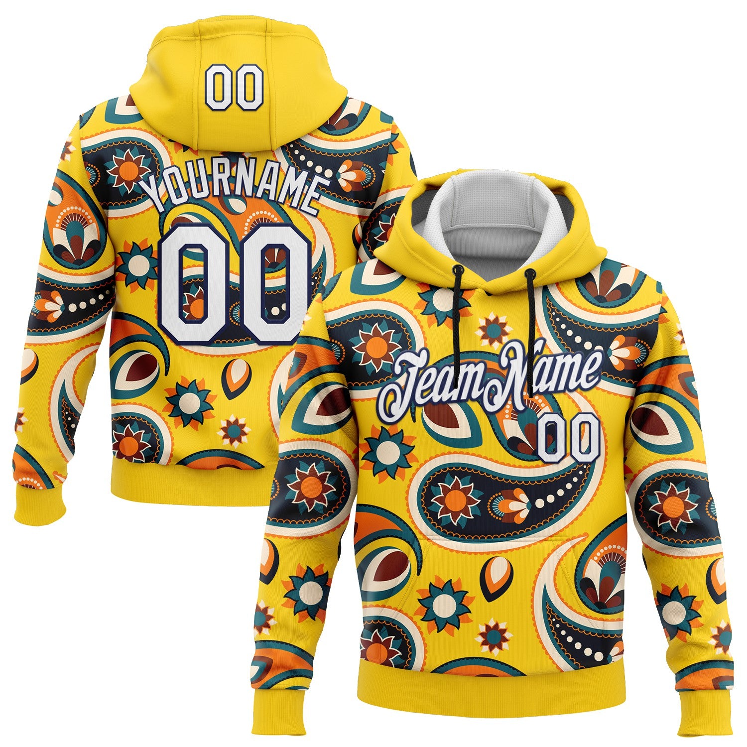 Custom Stitched Yellow White-Navy 3D Pattern Design Ethnic Paisley Floral Bandana Sports Pullover Sweatshirt Hoodie