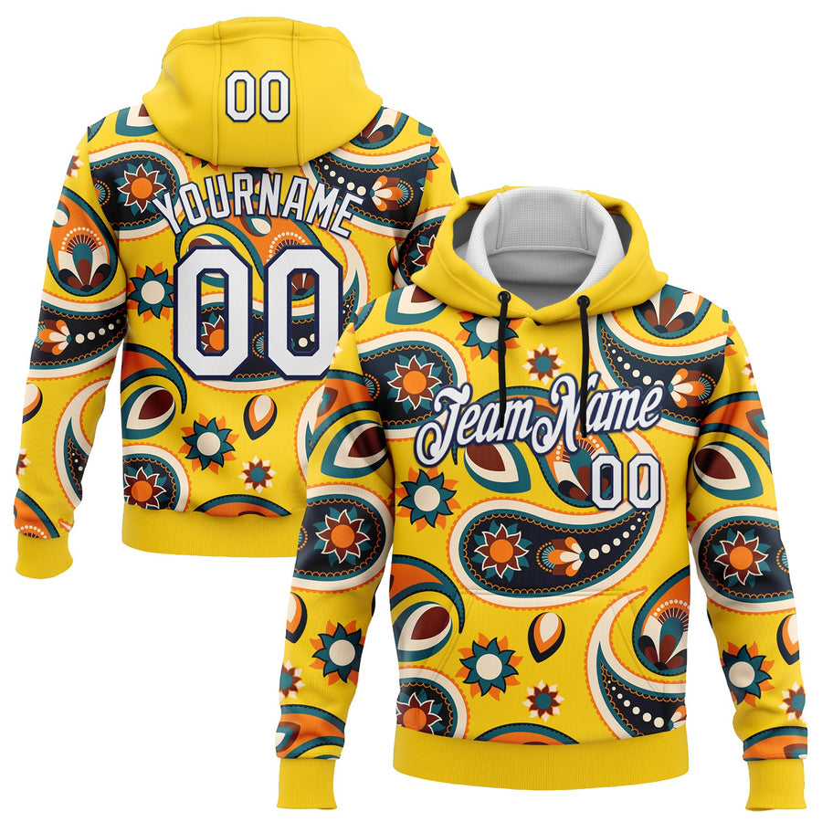 Custom Stitched Yellow White-Navy 3D Pattern Design Ethnic Paisley Floral Bandana Sports Pullover Sweatshirt Hoodie