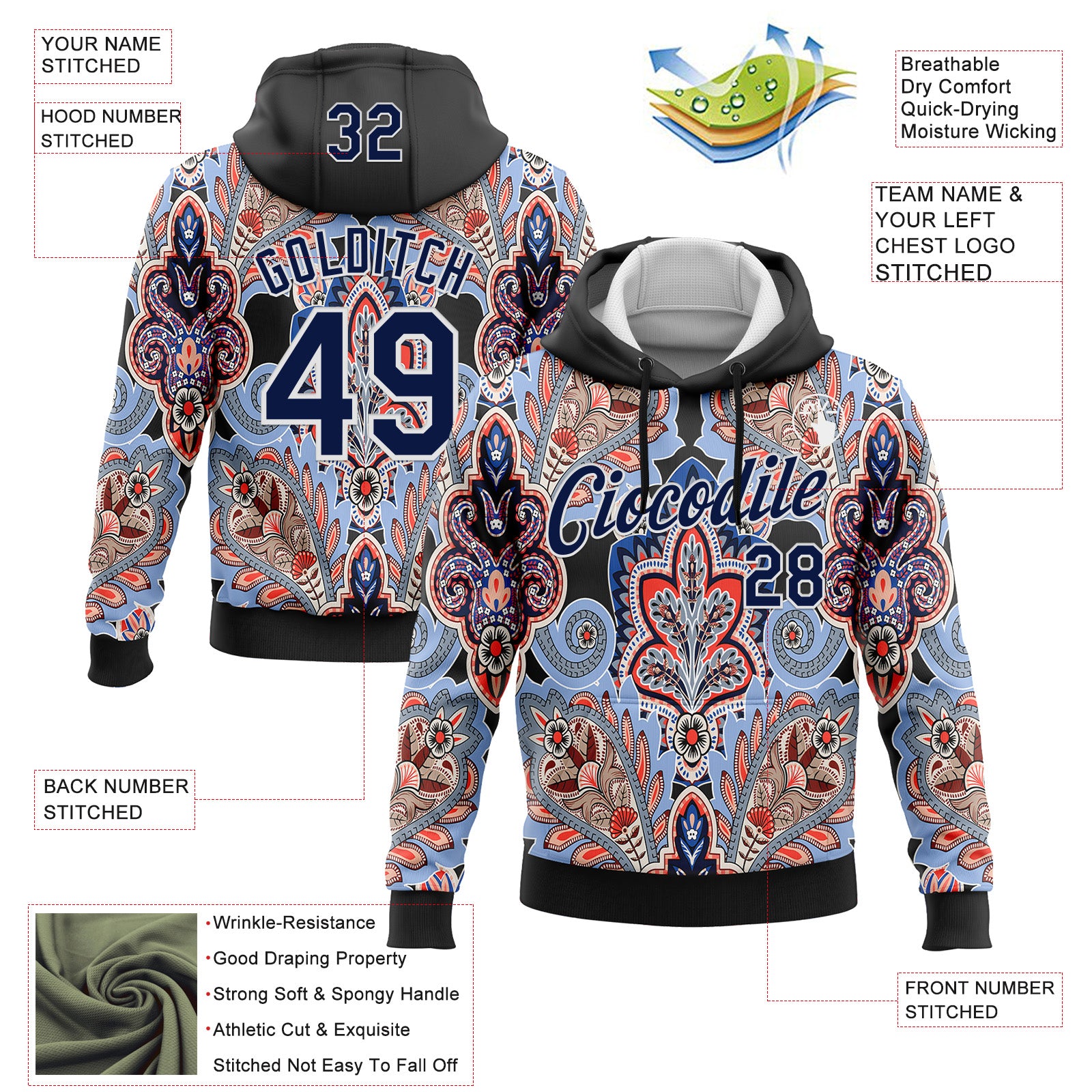 Custom Stitched Black Navy-White 3D Pattern Design Ethnic Paisley Floral Bandana Sports Pullover Sweatshirt Hoodie