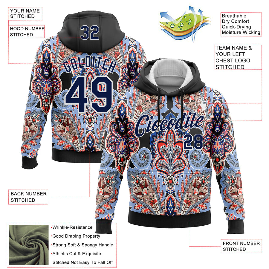 Custom Stitched Black Navy-White 3D Pattern Design Ethnic Paisley Floral Bandana Sports Pullover Sweatshirt Hoodie