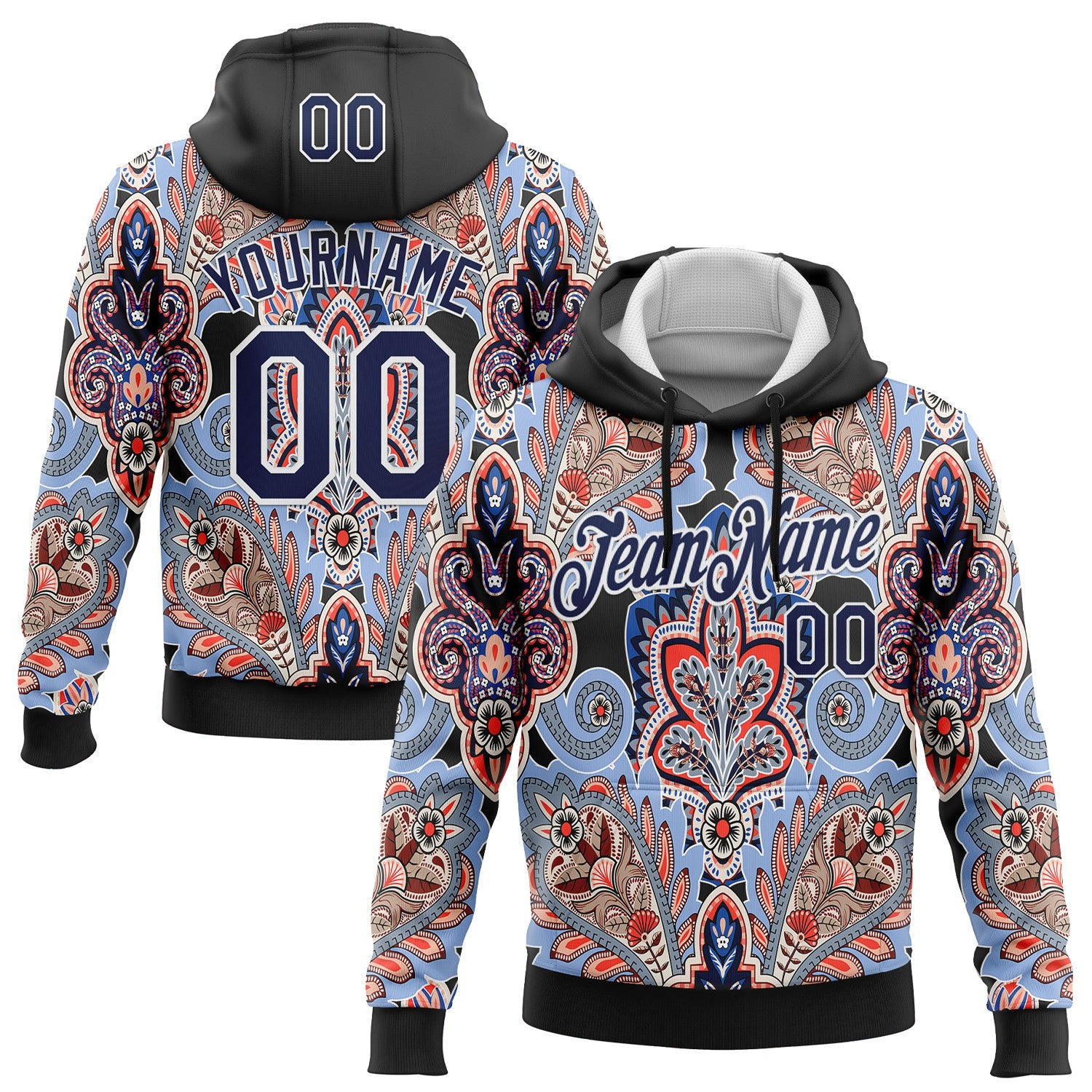 Custom Stitched Black Navy-White 3D Pattern Design Ethnic Paisley Floral Bandana Sports Pullover Sweatshirt Hoodie