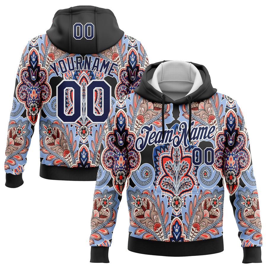 Custom Stitched Black Navy-White 3D Pattern Design Ethnic Paisley Floral Bandana Sports Pullover Sweatshirt Hoodie