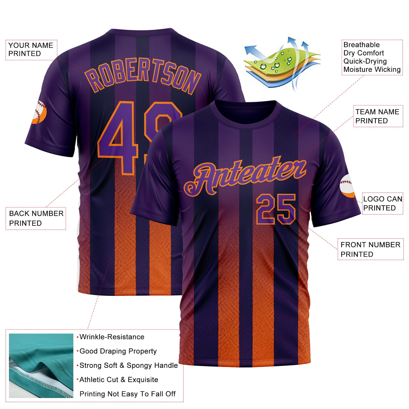 Custom Purple Orange-Bay Orange 3D Pattern Design Sunset Gradient Stripe Sportswear Performance T-Shirt