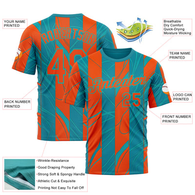 Custom Blue Orange-Aqua 3D Pattern Design Color Block Stripe Sportswear Performance T-Shirt