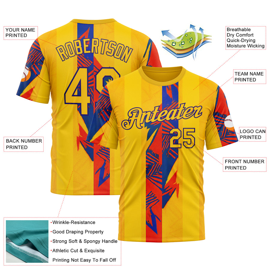 Custom Yellow Red-Dark Purple 3D Pattern Design Color Block Stripe Sportswear Performance T-Shirt