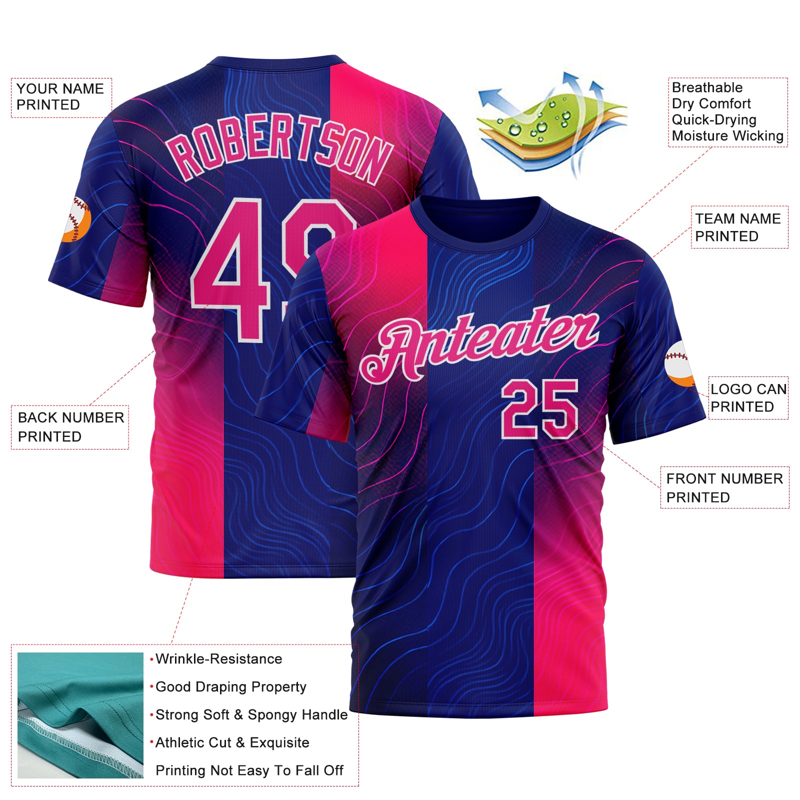 Custom Blue Hot Pink Red-White 3D Pattern Design Neon Stripe Sportswear Performance T-Shirt