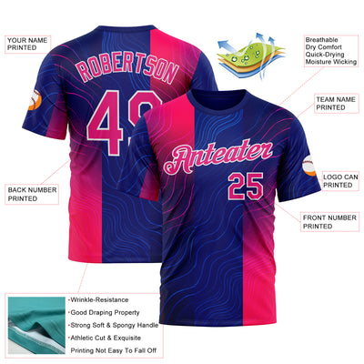Custom Blue Hot Pink Red-White 3D Pattern Design Neon Stripe Sportswear Performance T-Shirt