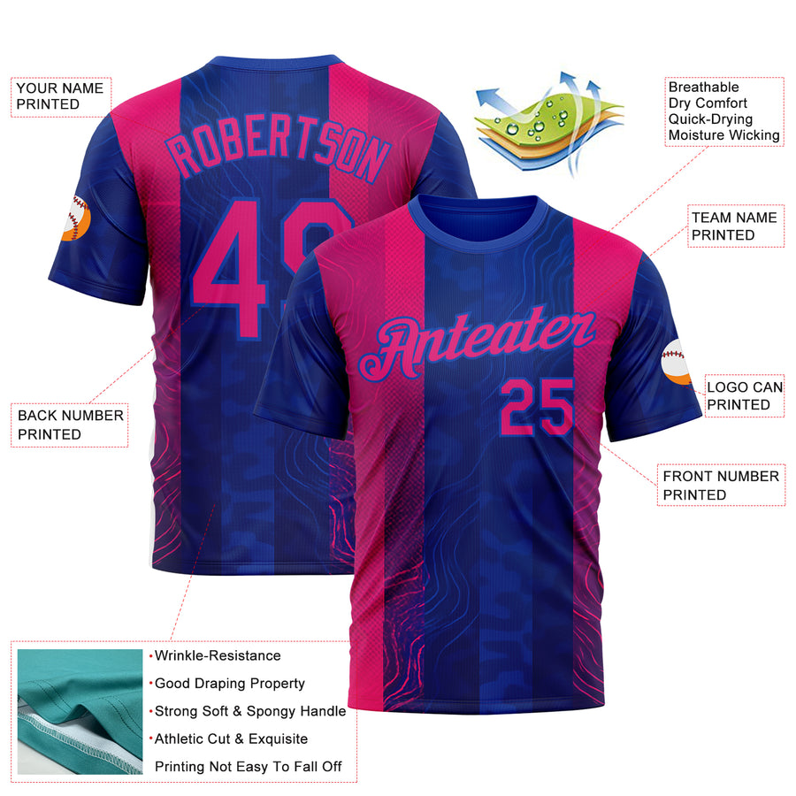 Custom Blue Hot Pink Red-Thunder Blue 3D Pattern Design Neon Stripe Sportswear Performance T-Shirt
