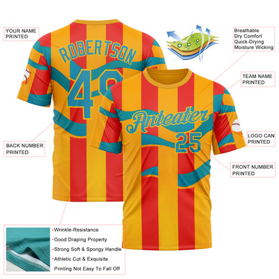 Custom Yellow Panther Blue-Red 3D Pattern Design Color Block Stripe Sportswear Performance T-Shirt