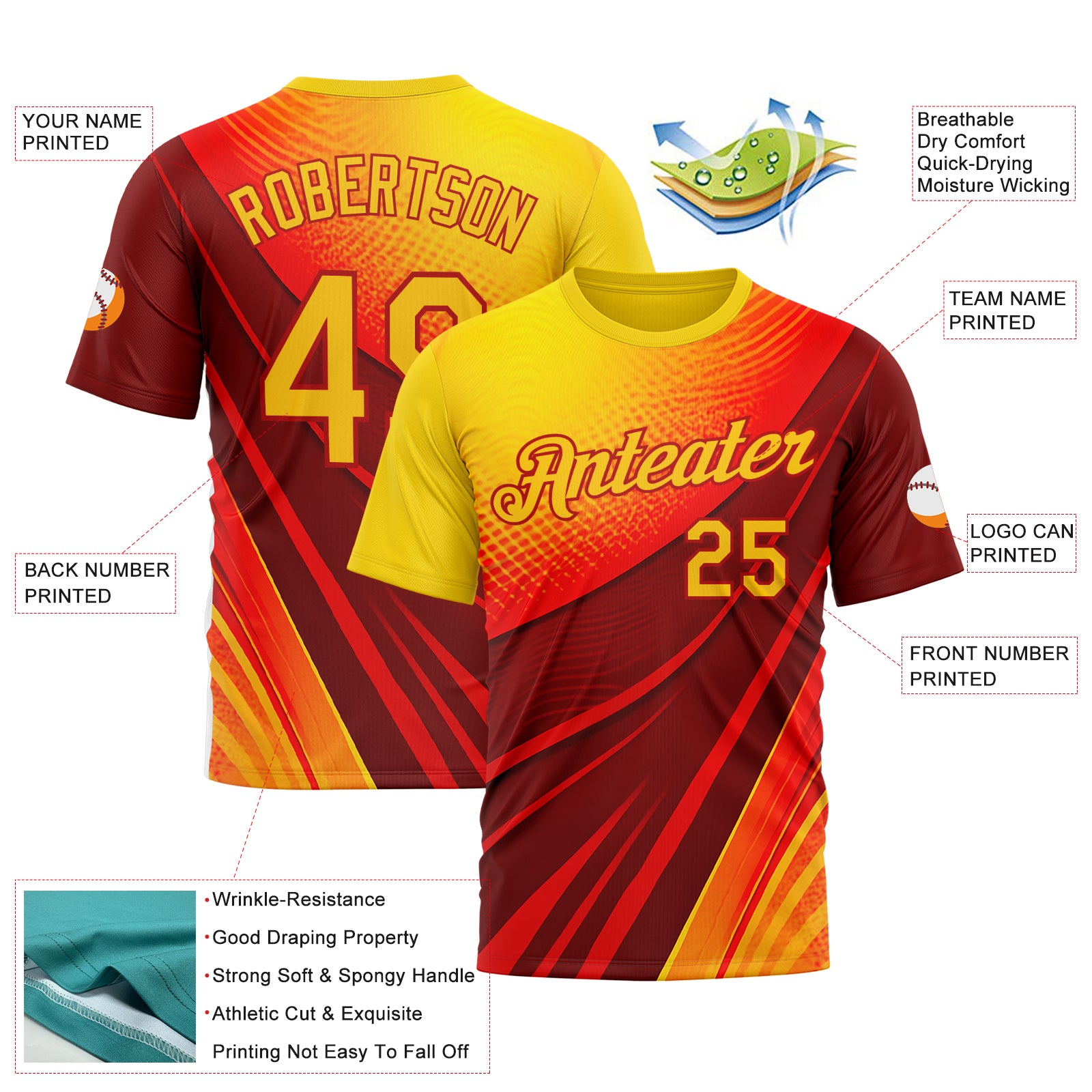 Custom Red Yellow 3D Pattern Design Spain Wave Gradient Sportswear Performance T-Shirt
