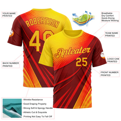 Custom Red Yellow 3D Pattern Design Spain Wave Gradient Sportswear Performance T-Shirt