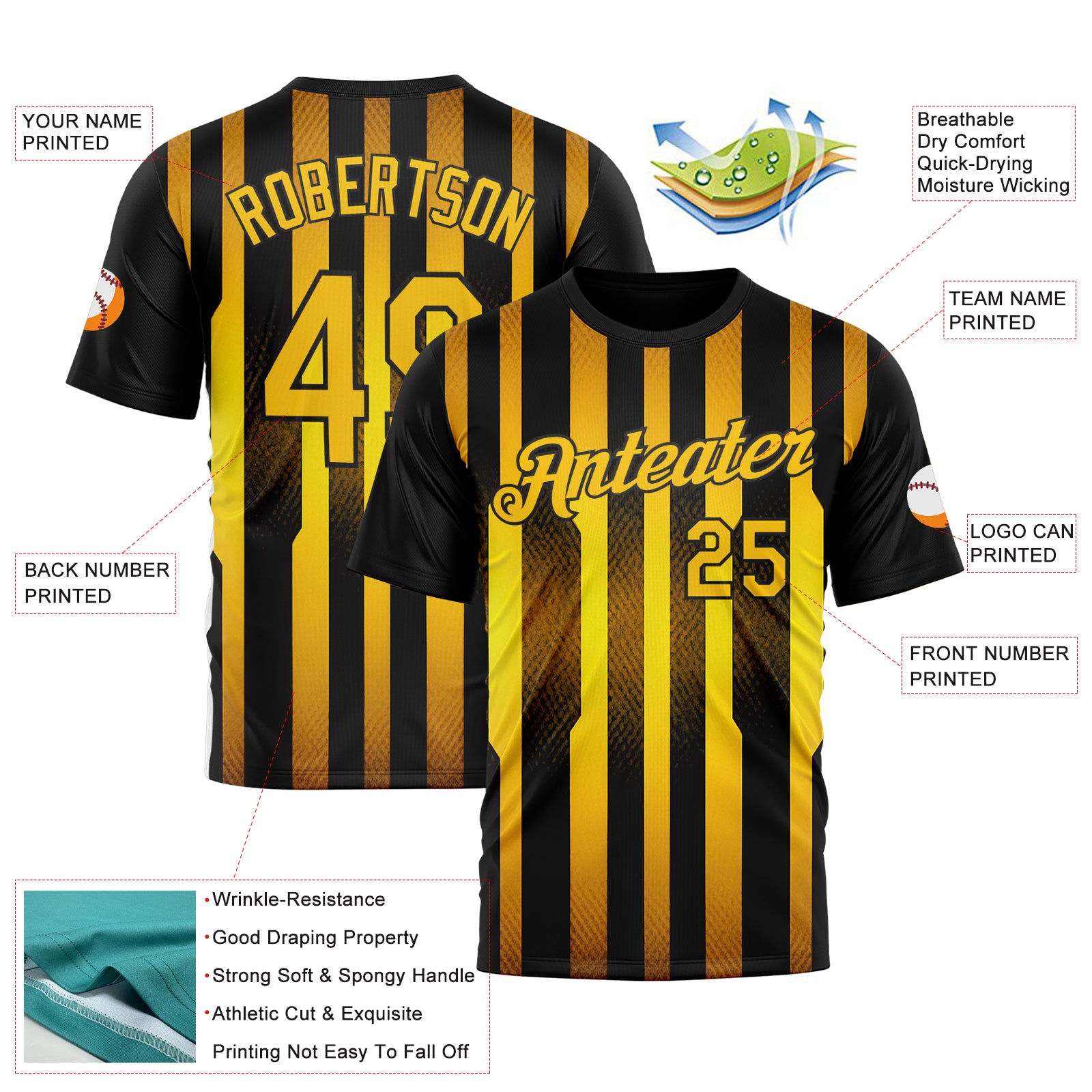 Custom Black Yellow 3D Pattern Design Germany Stripe Sportswear Performance T-Shirt